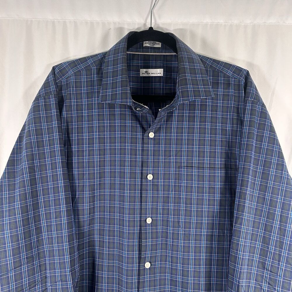 Peter Millar Dress Shirt Men'sXL Blue Green Plaid Button Up Long Sleeve Cotton B - Picture 2 of 6